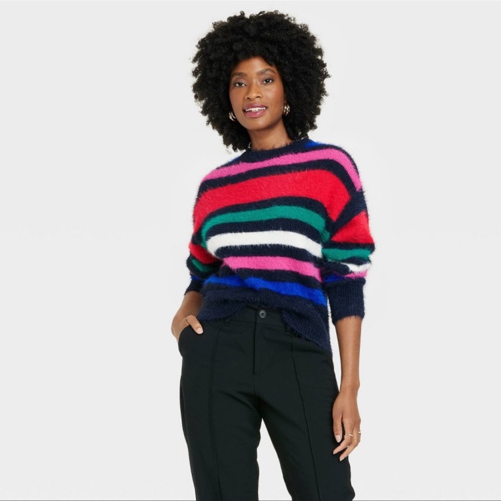 Women's Striped Crewneck Fuzzy Pullover Sweater